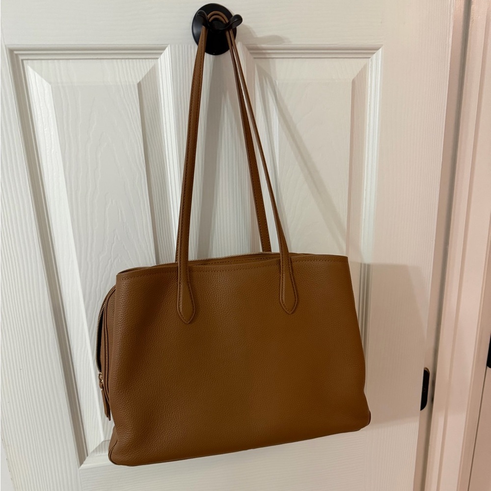 Quince Triple Compartment Work tote. Tan with gold hardware
